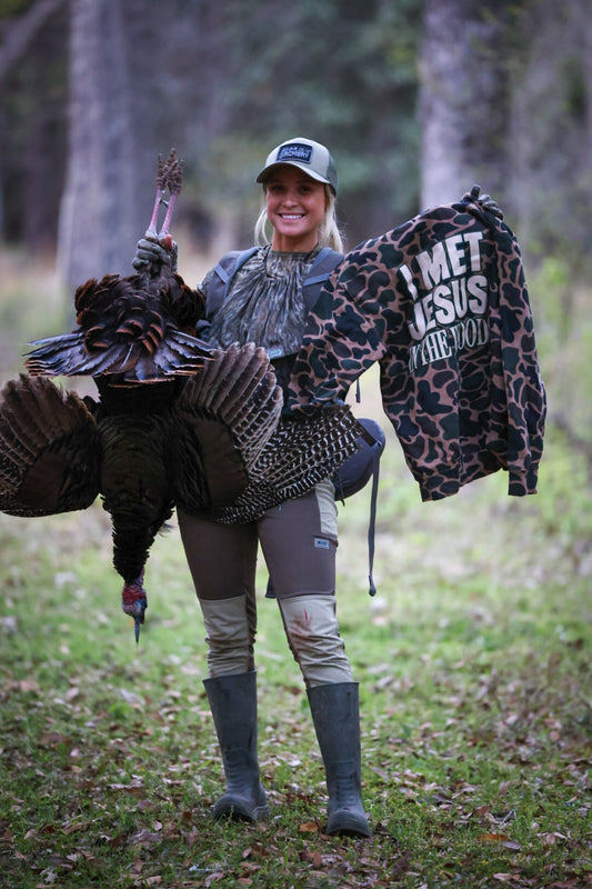 “I Met Jesus in the Woods” duck camo hoodie